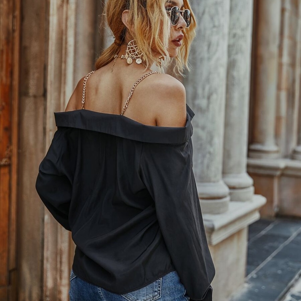 boho button down off shoulder black top - Picture 5 of 6